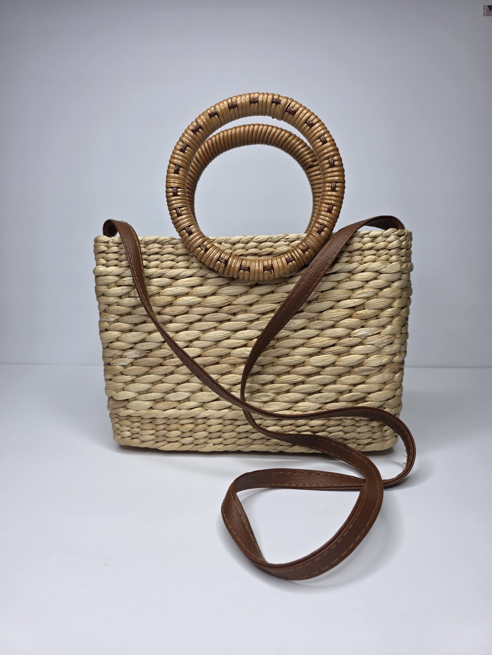 Woven Straw Tote Bag with Brown Leather Strap